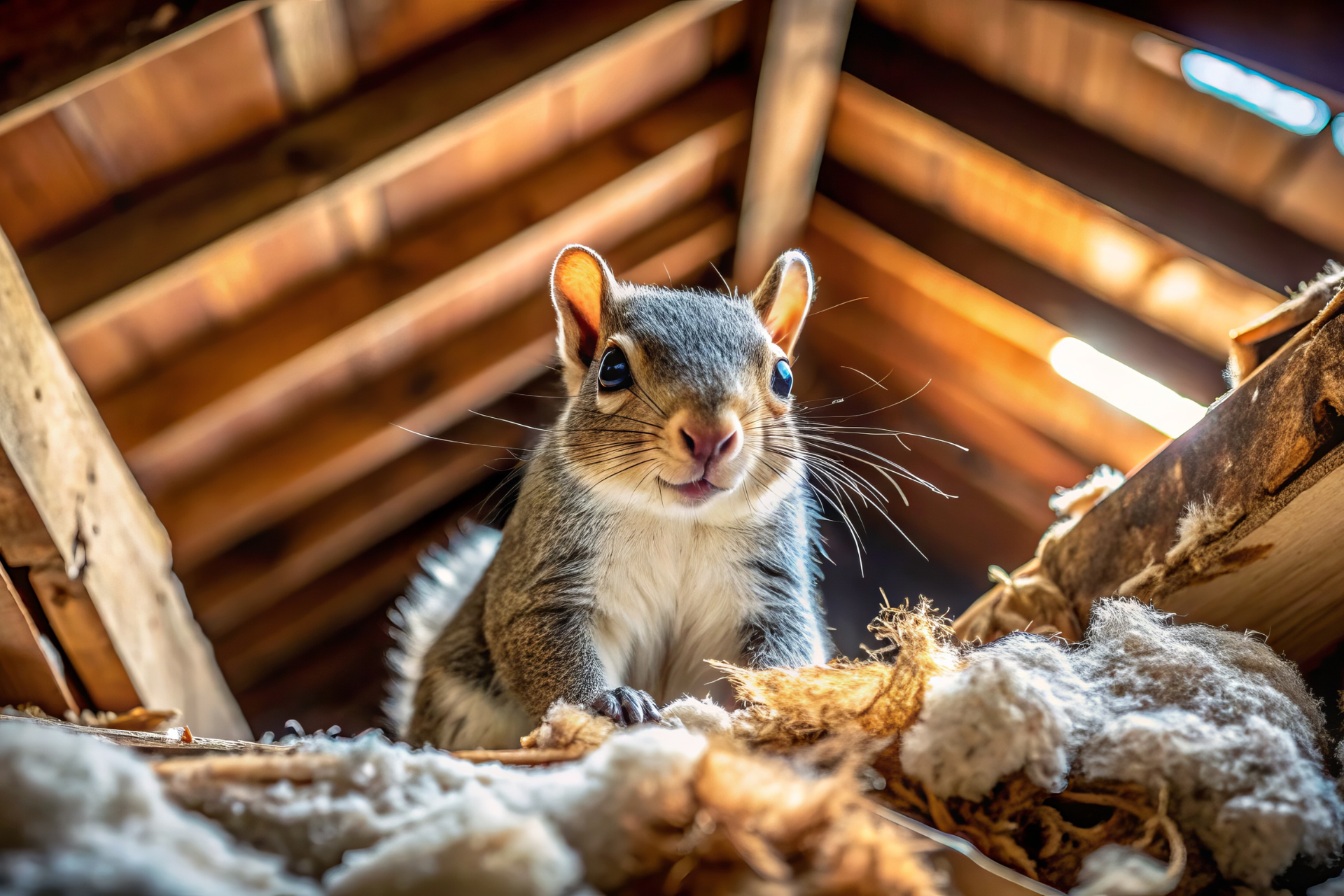 A squirrel is sitting in the attic looking up at the camera.
