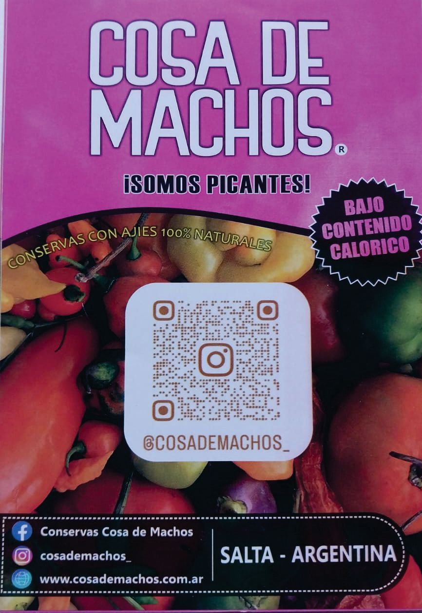 Cosa de Machos tomato-themed ad with QR code, “Somo(s) picantes,” and Salta, Argentina branding