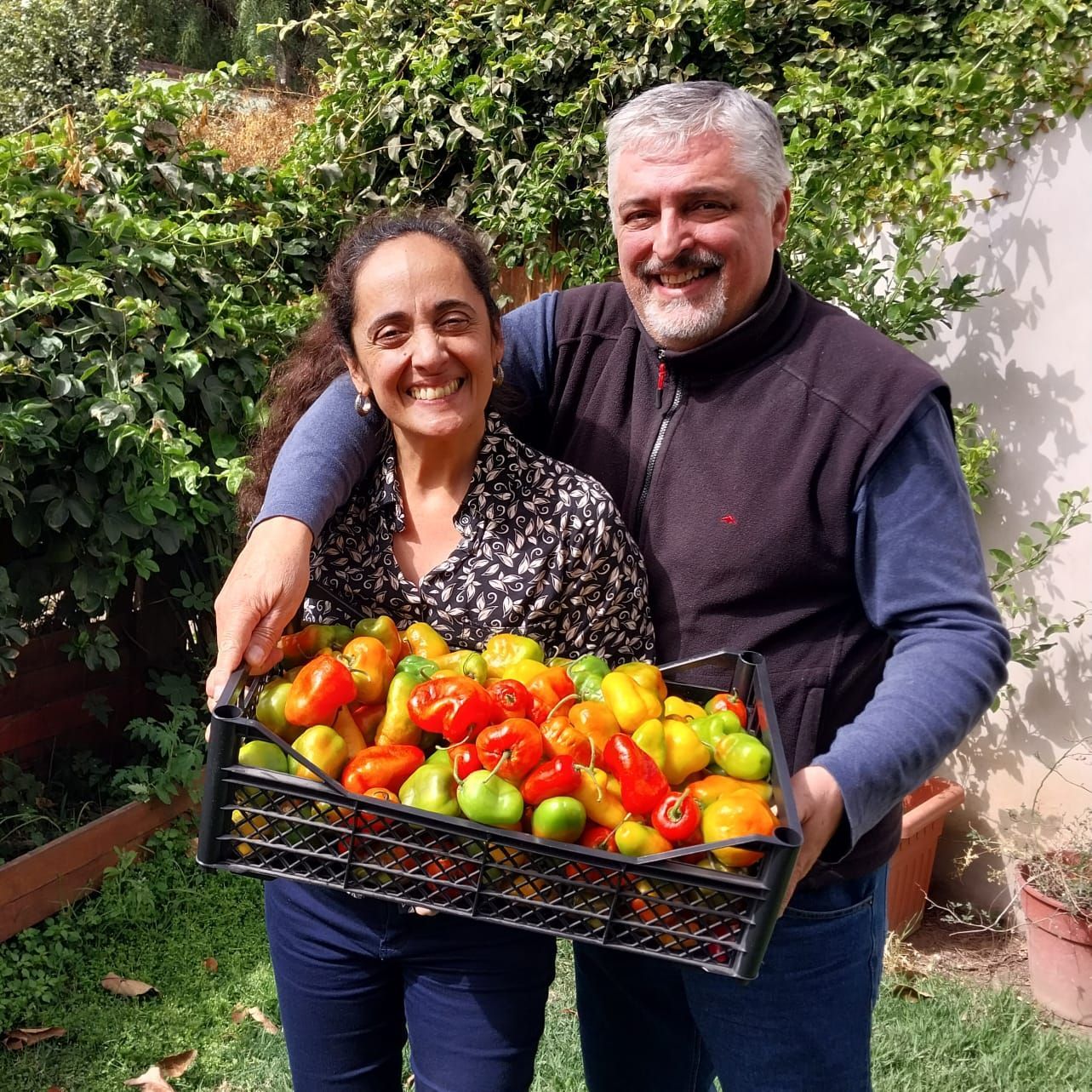 Dos personas sosteniendo una caja de pimientos rojos y verdes en un jardín.