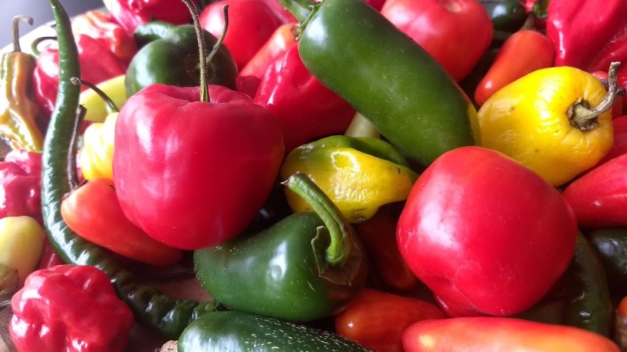 Pimientos rojos, verdes y amarillos surtidos apilados en un mercado.