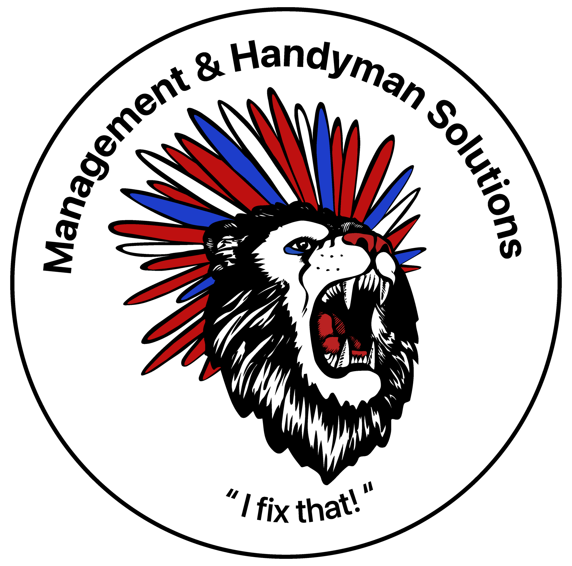 Logo: Lion head with red, white, and blue feathered headdress. Text: 
