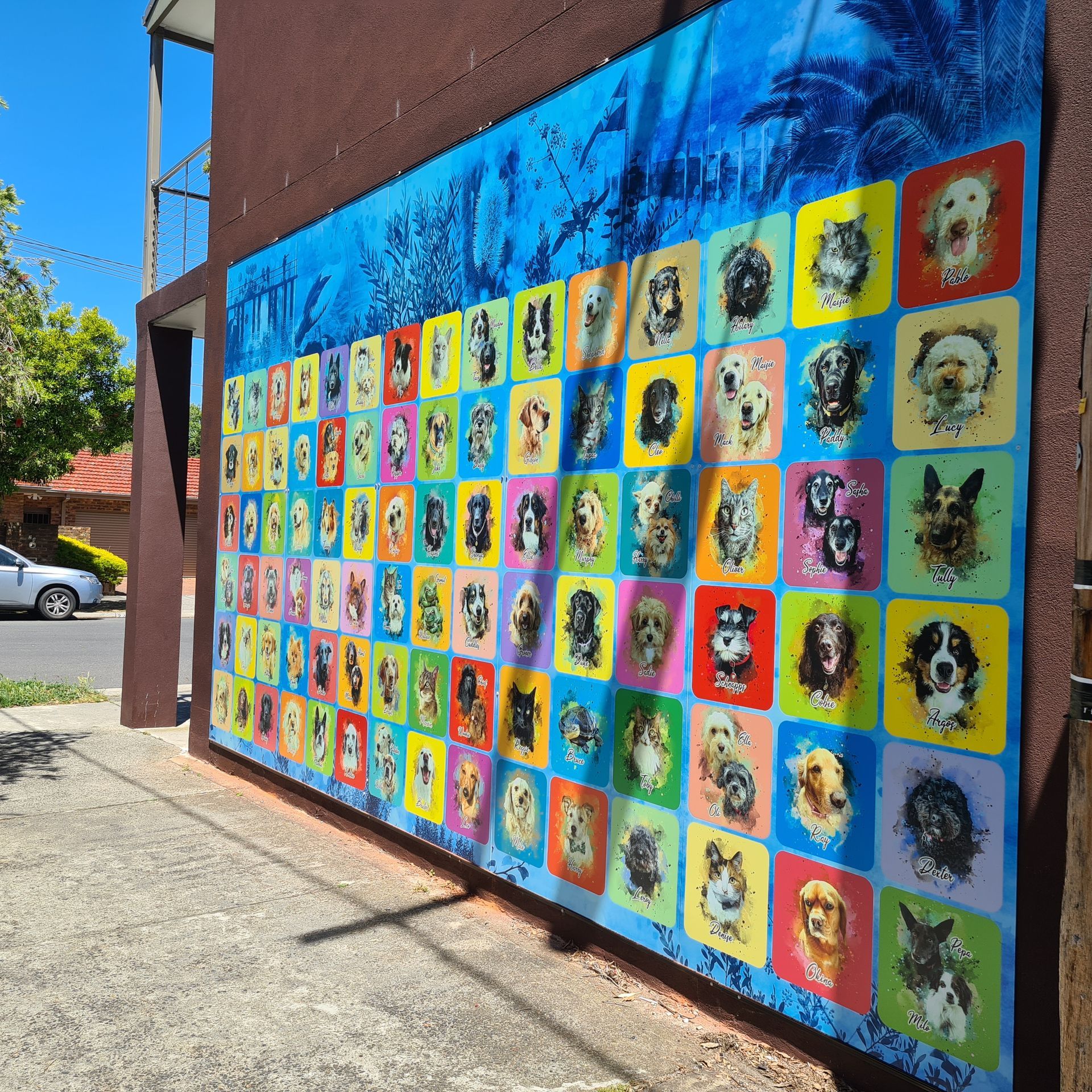 A wall with a bunch of pictures of dogs on it