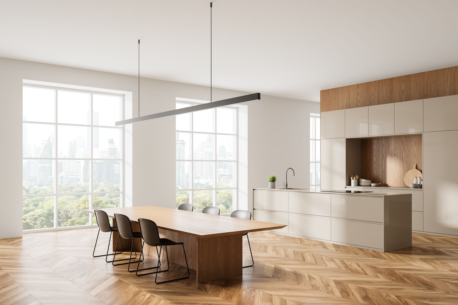 A kitchen with a long table and chairs and a large window.