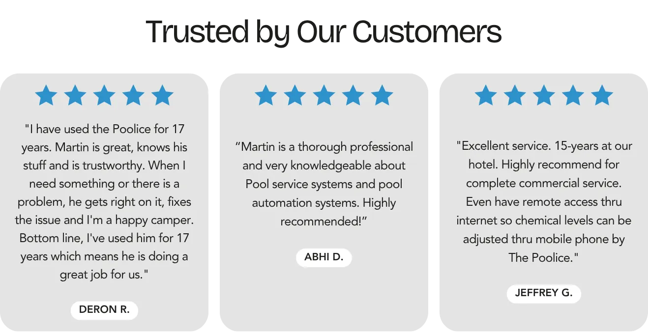 Five-star customer reviews of THE POOLICE pool and spa services