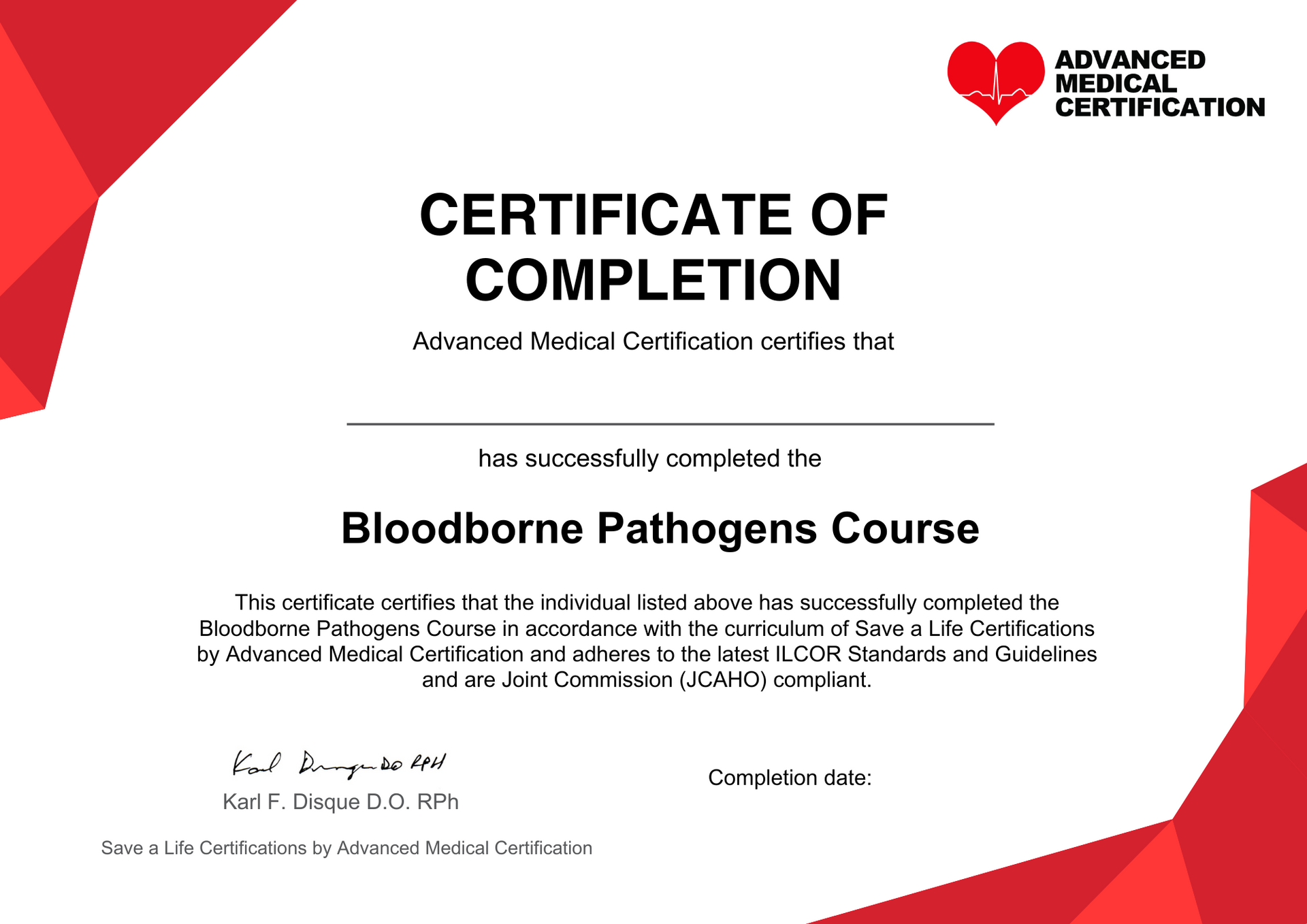 Certificate of completion: Advanced Cardiac Life Support Course. Blue, red, and white. Save a Life logo.