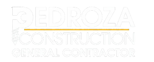 Logo for Pedroza Construction, a general contractor, featuring white text with a horizontal gold line.