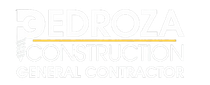 Logo for Pedroza Construction, a general contractor, featuring white text with a horizontal gold line.