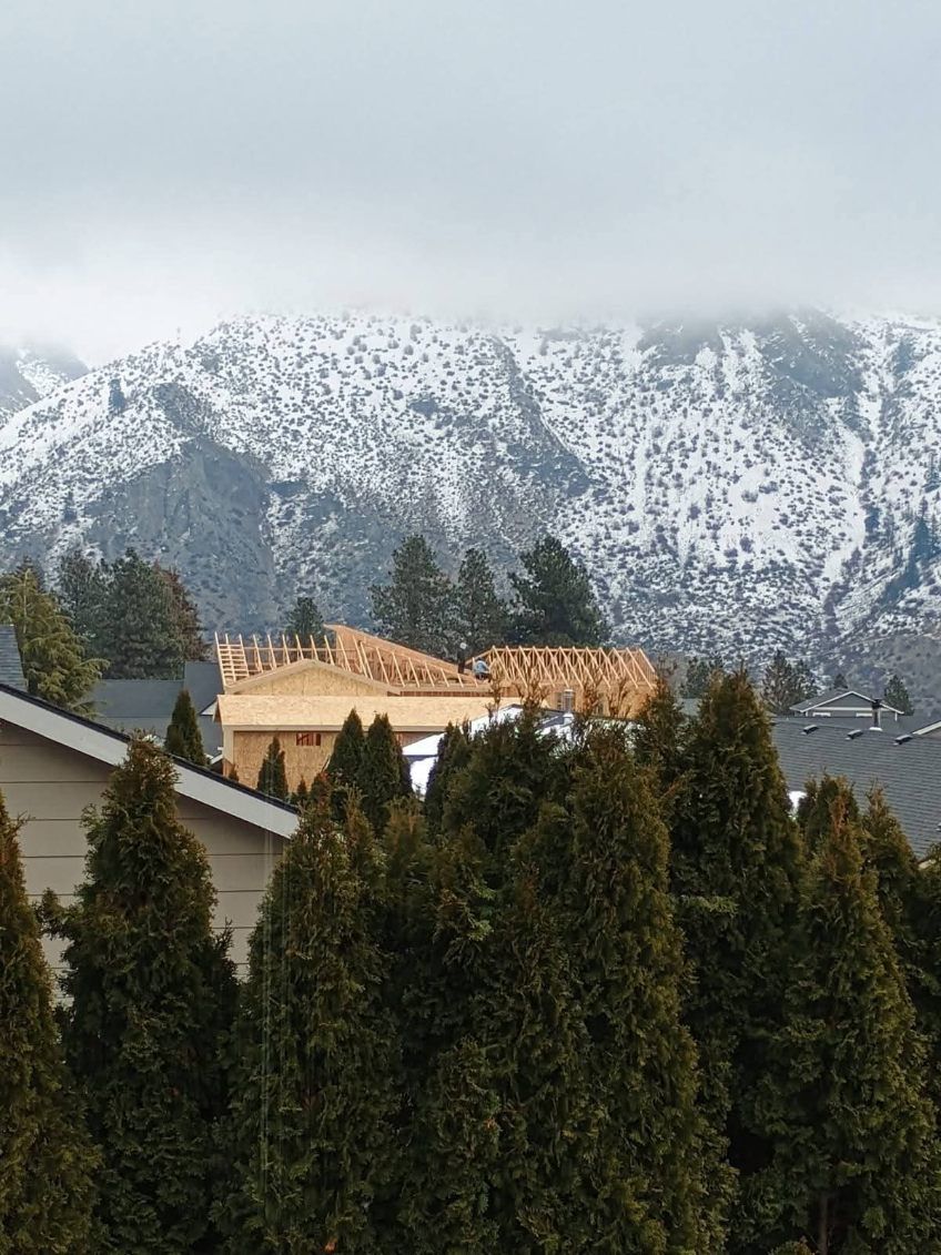 A snow-capped mountain rises behind a foreground of dense evergreen trees and a partially constructed wooden building.