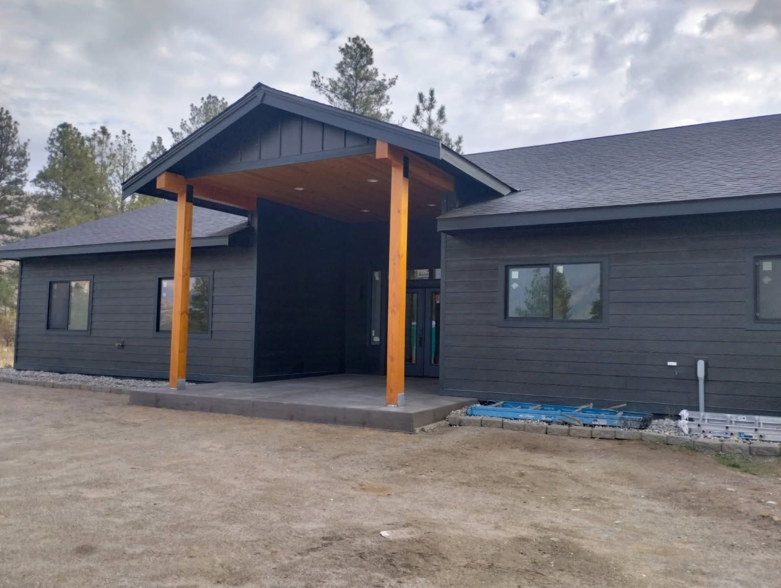 Modern dark-sided house with a timber-post covered entryway and a stone walkway, surrounded by a forest setting.