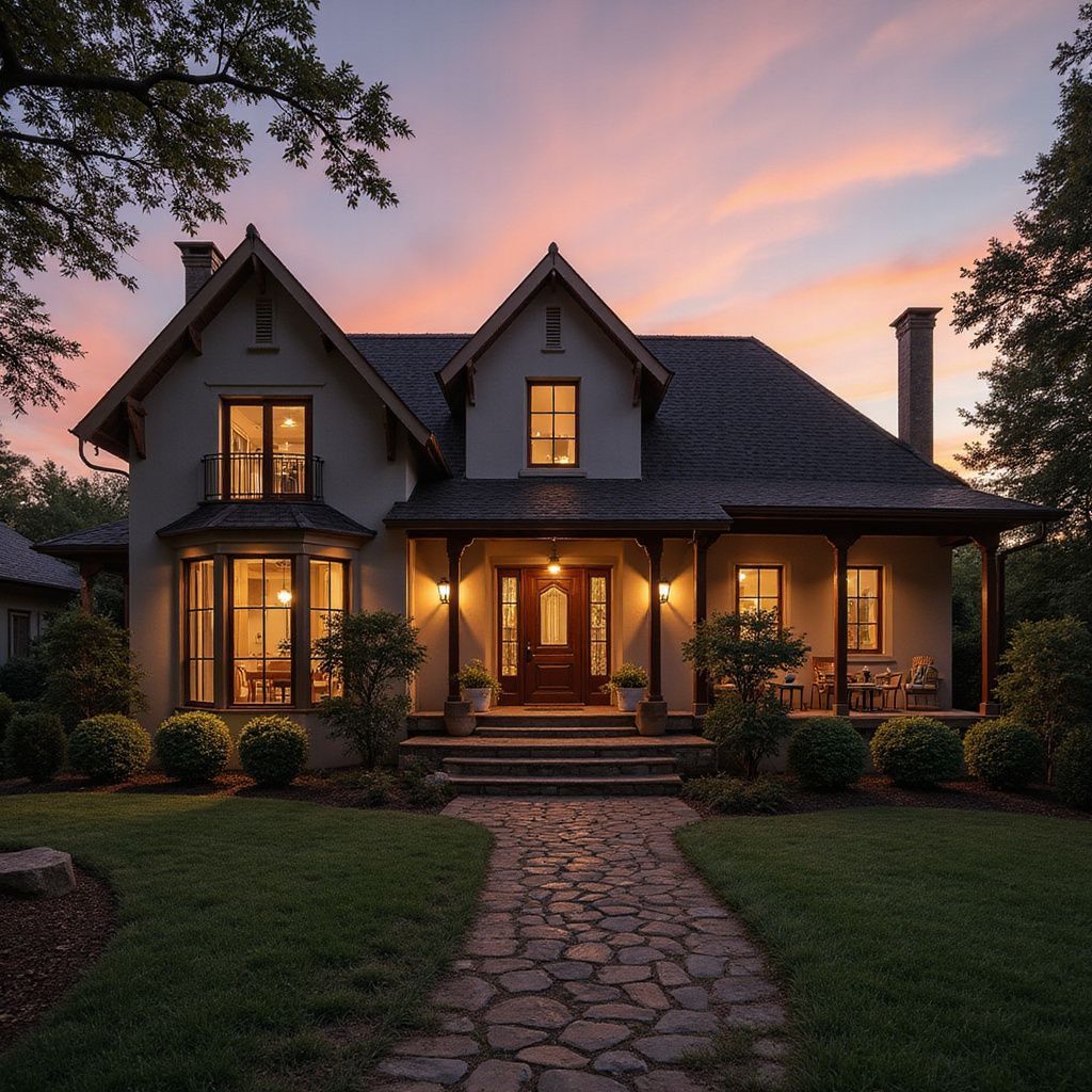 Luxury home exterior with stone pathway, green lawn, and lit porch at sunset in Zimbabwe