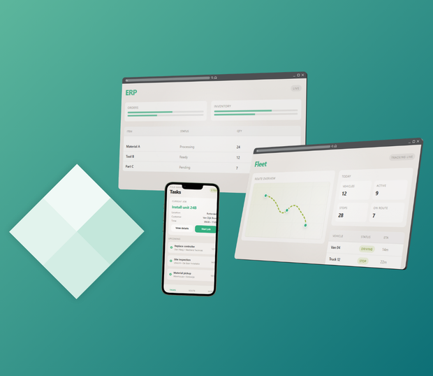 Een turquoise achtergrond met zwevende dashboards voor laptops, tablets en telefoons, plus een wit diamantvormig logo.