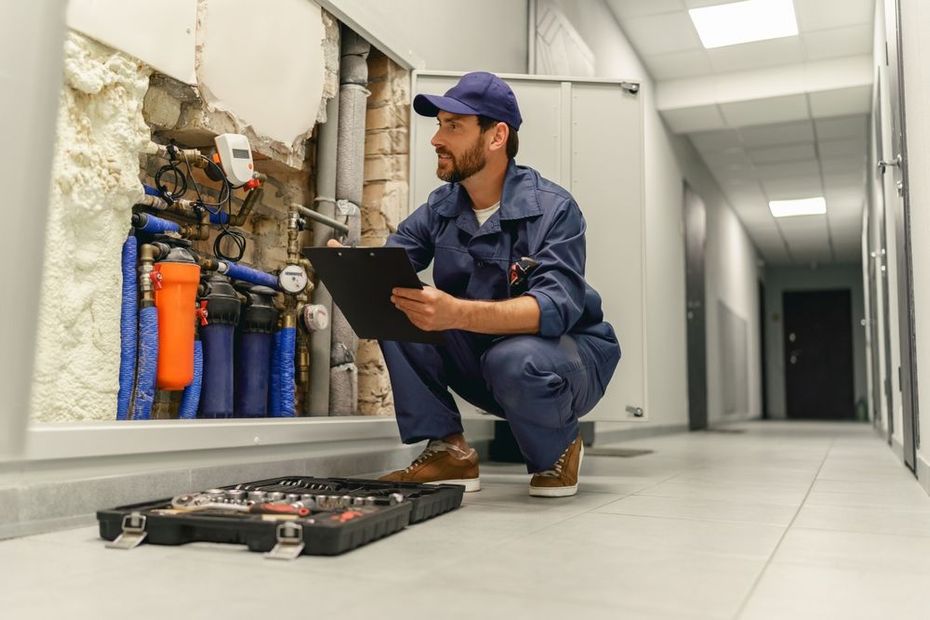 Technician inspecting exposed plumbing and valves in a hallway, holding a clipboard beside an open tool case