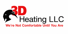 3D Heating LLC logo with black dolphin icon, red “3D,” and slogan “We’re Not Comfortable Until You Are”