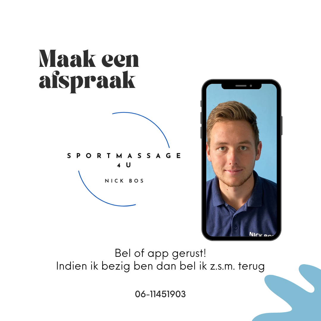 Je kunt bellen of mailen om een afspraak te maken met Nick Bos van Sportmassage 4 U