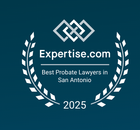 Expertise.com badge: “Best Probate Lawyers in San Antonio,” laurel wreath, teal background, 2025