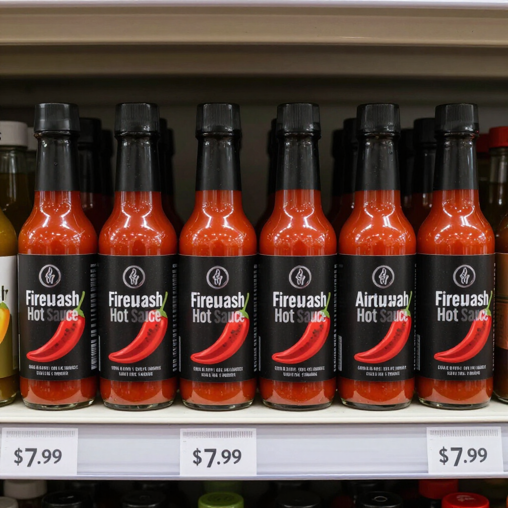 Retail shelf lineup of branded hot sauce bottles