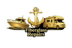 A gold anchor between a motorboat and an RV, with the text "Fiberglass Repairs" below in a gold font.