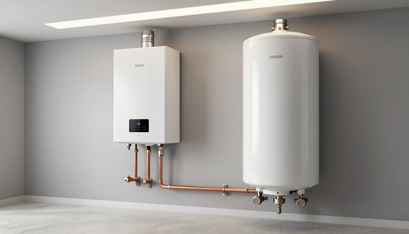 Comparison of tankless and traditional tank water heaters in a home basement.