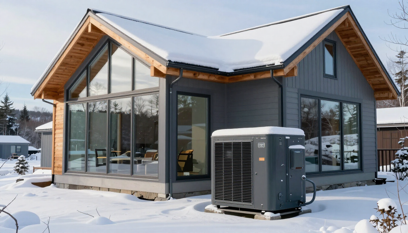 Modern residential heat pump installation in a Maine winter setting.