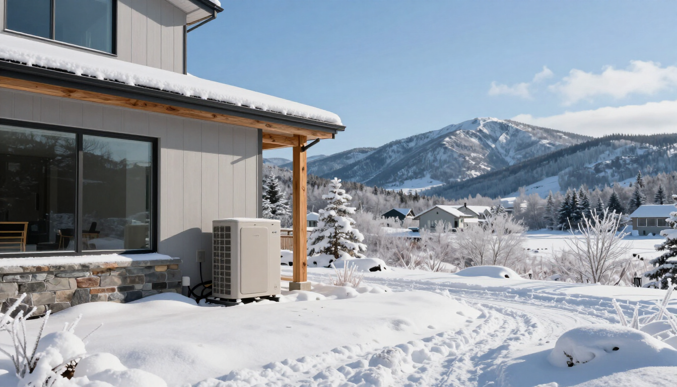 A modern heat pump unit installed on a home in a snowy Maine landscape.