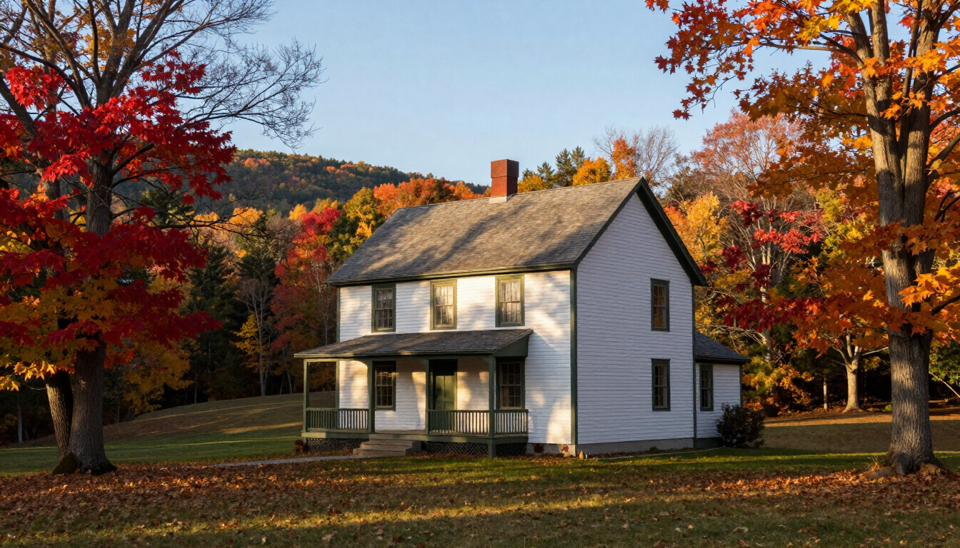 A traditional Maine home in Oxford County during autumn.