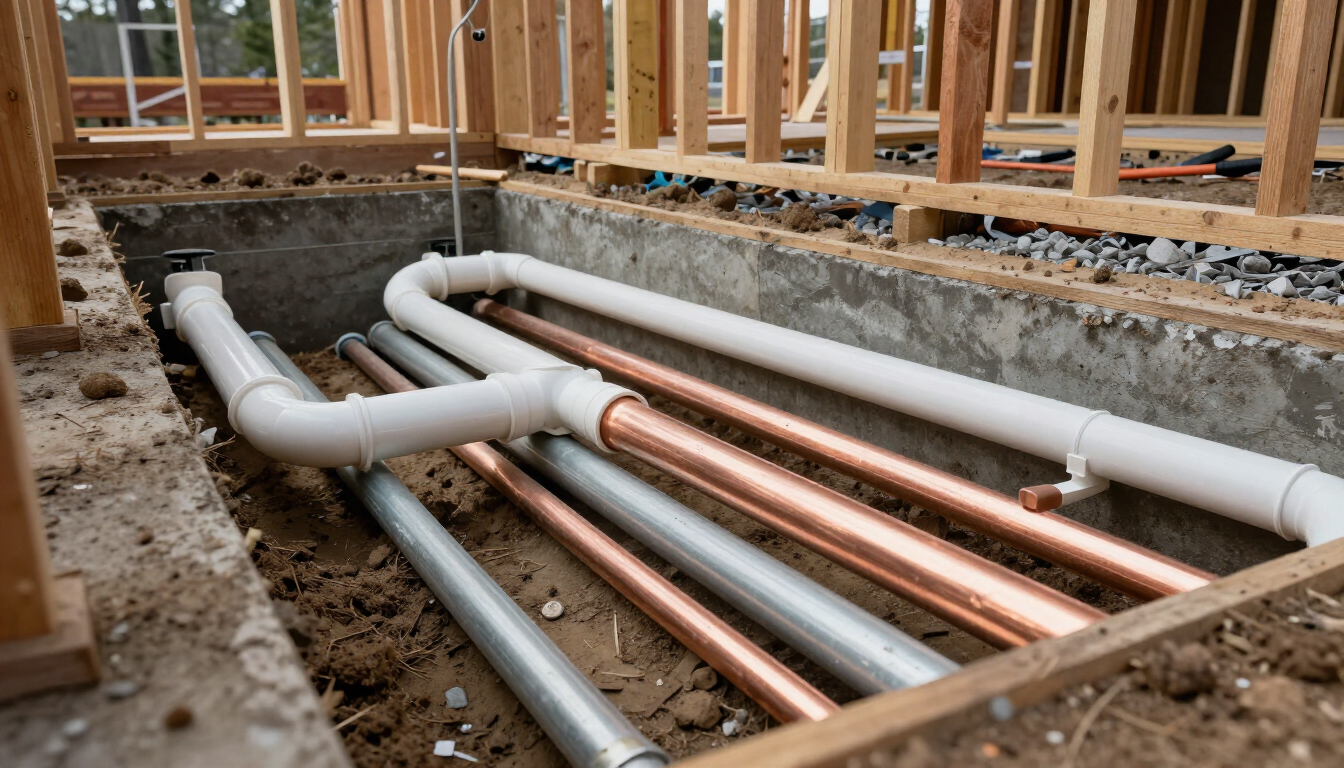 Underground plumbing pipes installed for a new construction home in Fryeburg.