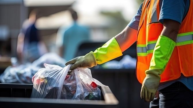 Worker in orange safety vest placing a garbage bag into a bin outdoors