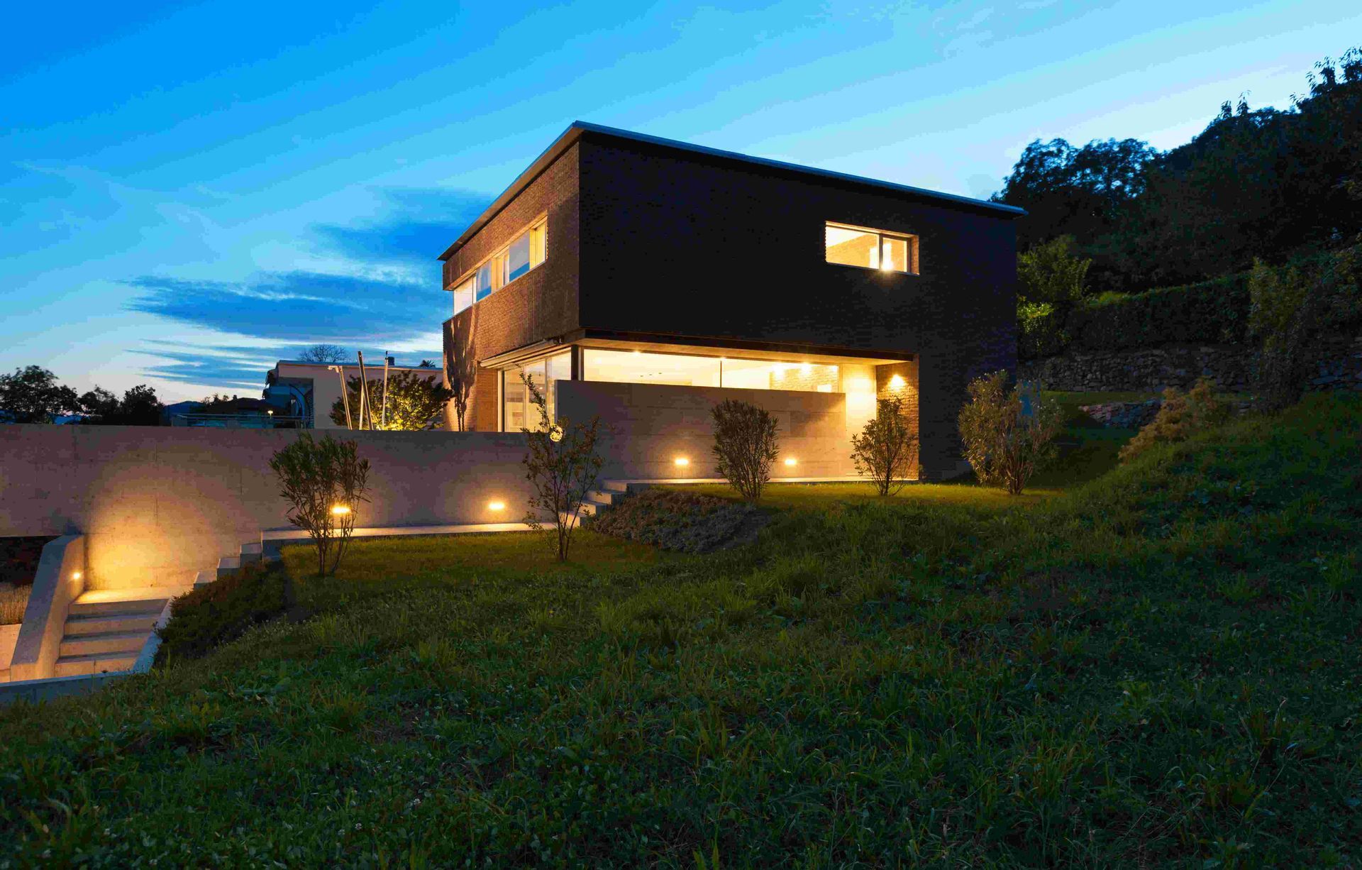 Outdoor lights at night at an Oregon home