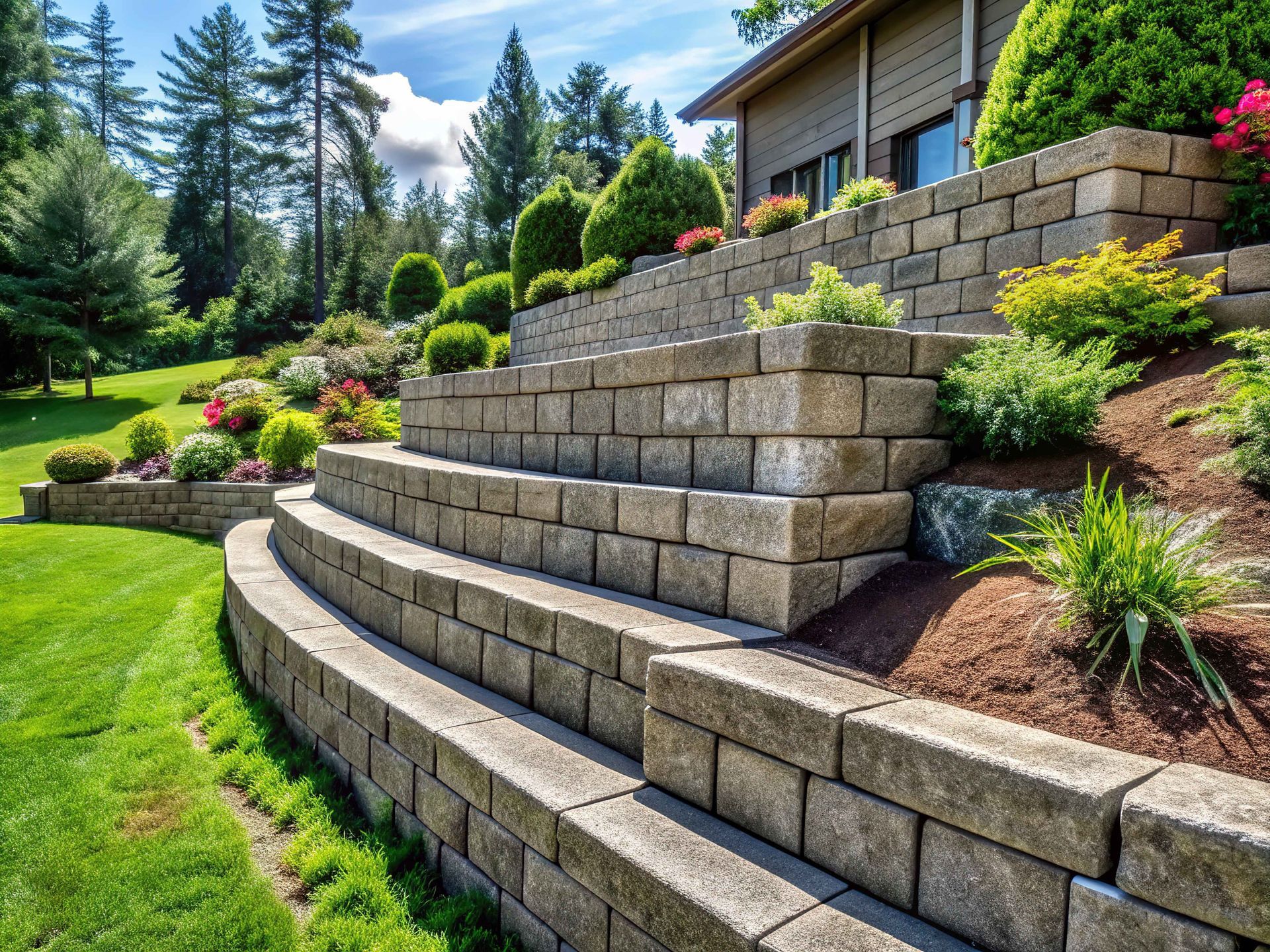A retaining wall in front of a residential house