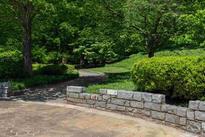 A retaining wall on a Tigard lawn