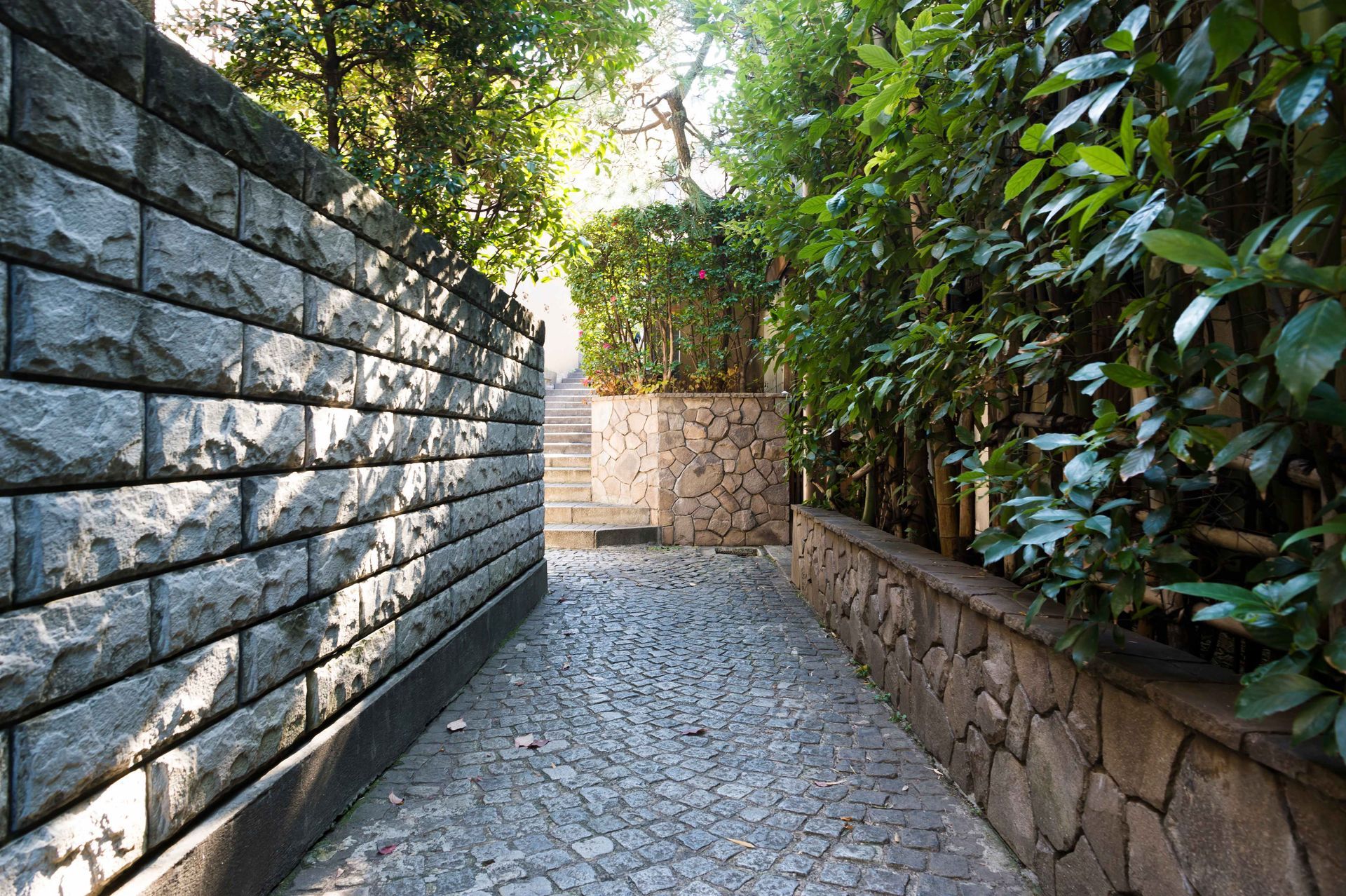 A hardscape retaining wall and concrete walkway