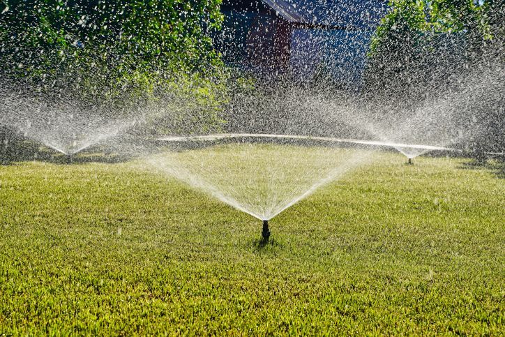 Three sprinklers in an irrigation system on grass