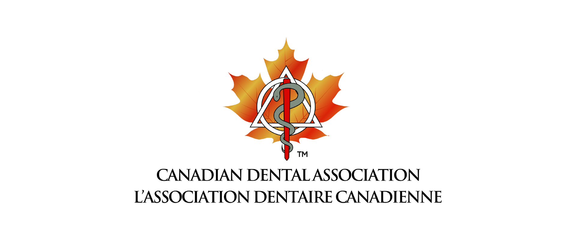 Logo of the Canadian Dental Association featuring a stylized maple leaf, a serpent-entwined staff, and bilingual text.