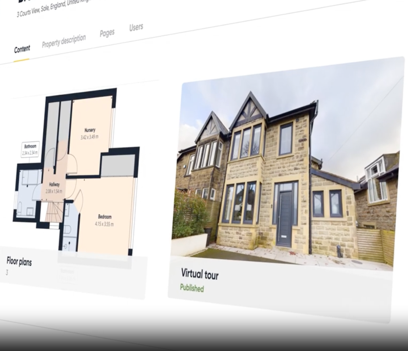 Floor plan and exterior view of a house. Floor plan is colorful, and exterior has stone facade.