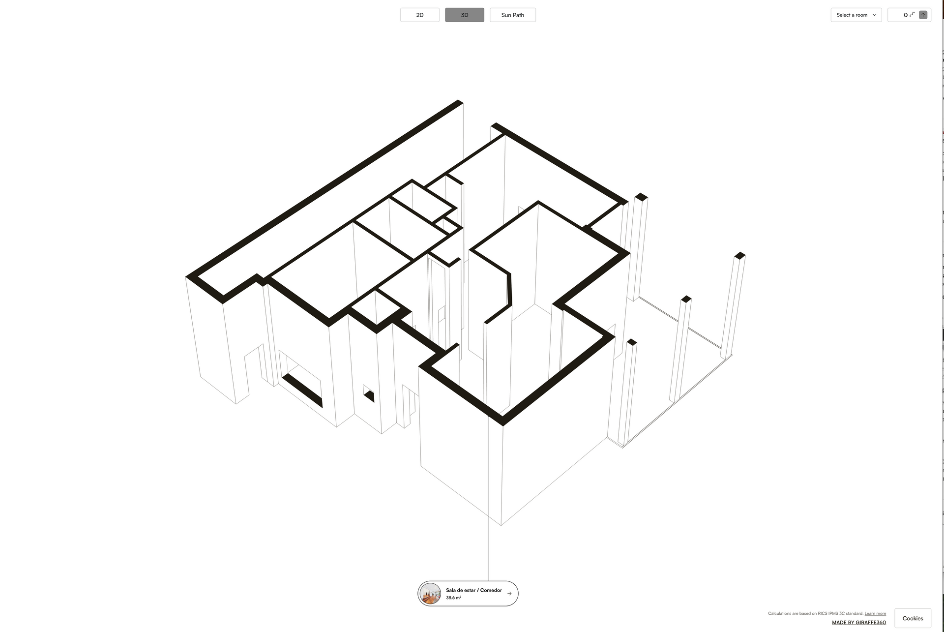 Plano isométrico en blanco y negro del interior de un edificio con contornos y dimensiones de las habitaciones.costa del este