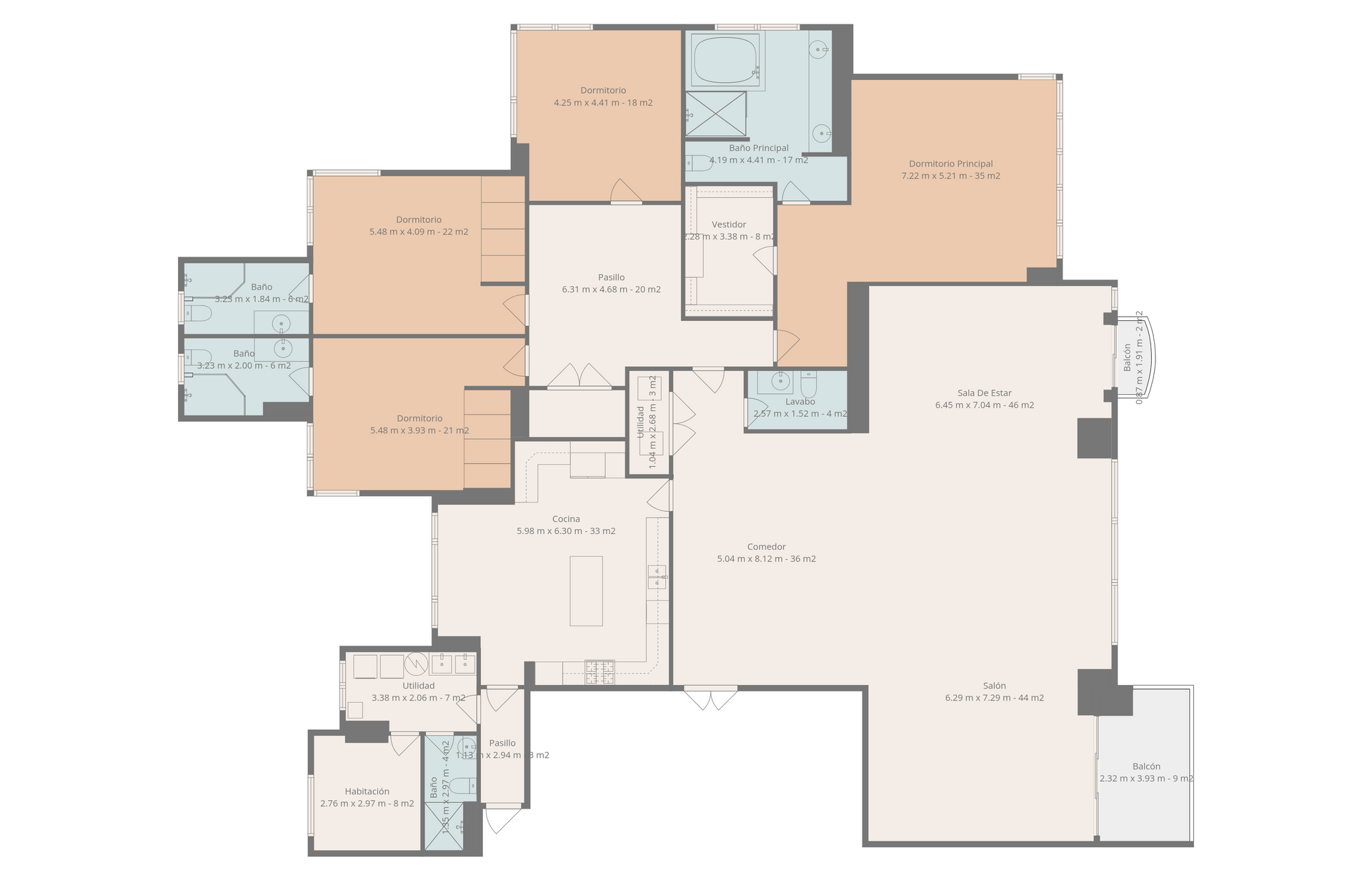 Floor plan of a house, with rooms color-coded in peach, white, and teal, labeled with room dimensions.