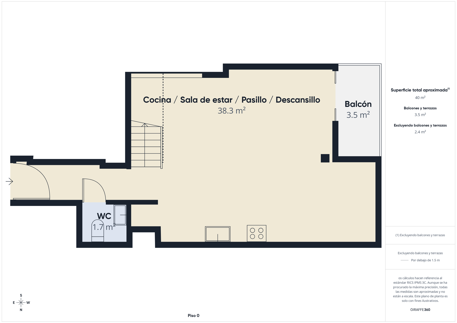 Plano de planta: Habitación con escaleras, baño y balcón. Paredes beige, contorno negro y etiquetas de texto.