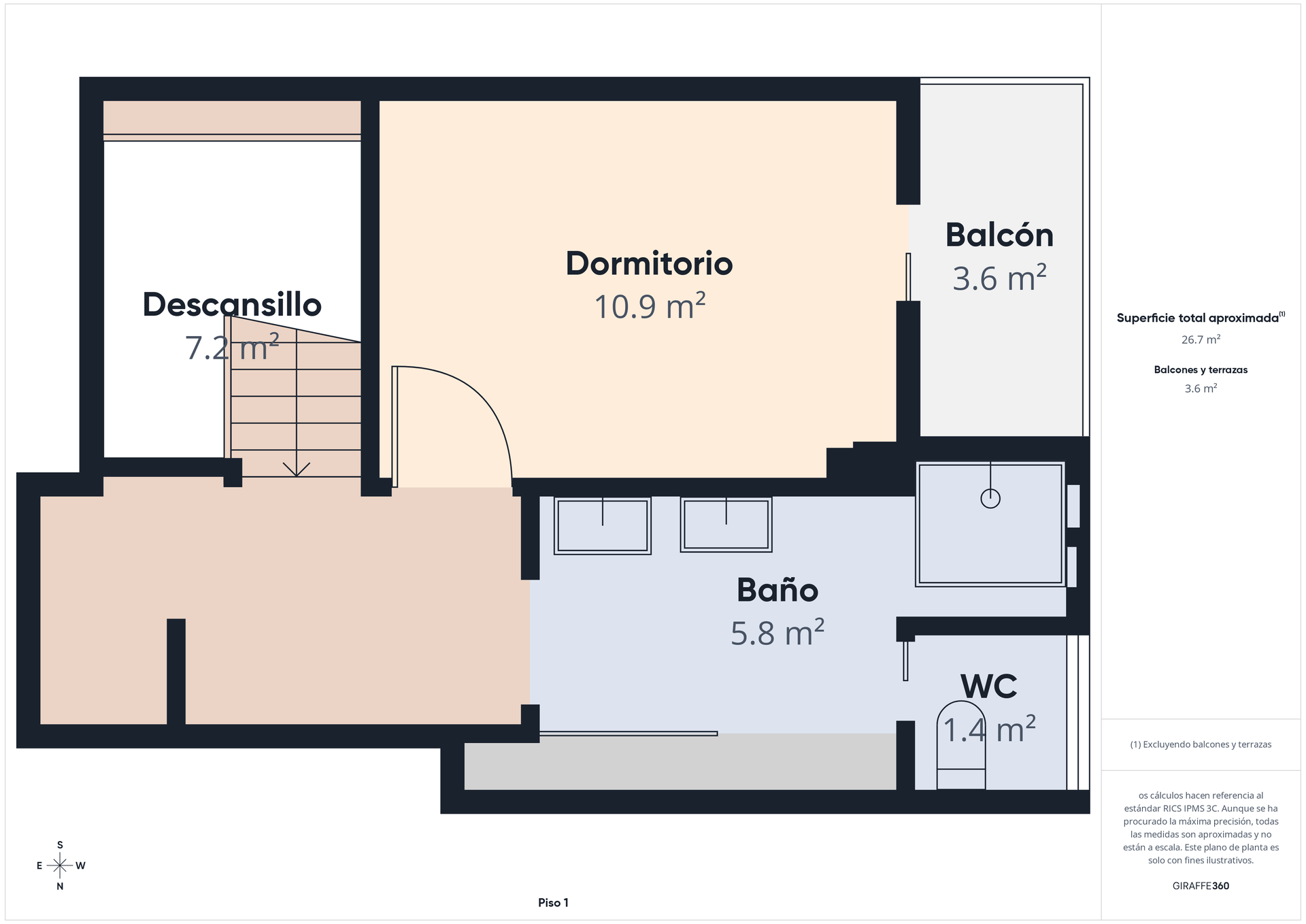 Plano de una residencia: dormitorio, balcón, baño, WC y rellano, con los metros cuadrados marcados para cada habitación.