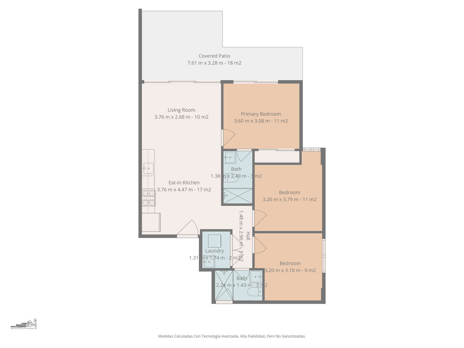Plano de un apartamento con habitaciones etiquetadas en tonos beige, azul y gris.