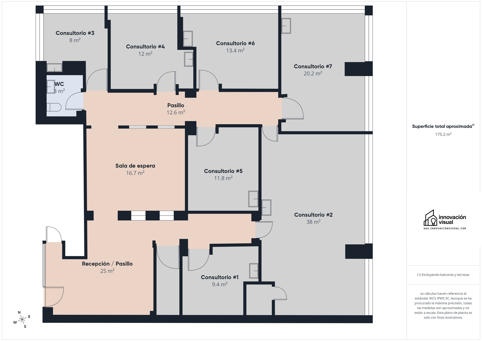 Plano de una consulta médica con área de recepción, varias salas de consulta, sala de espera y aseo.