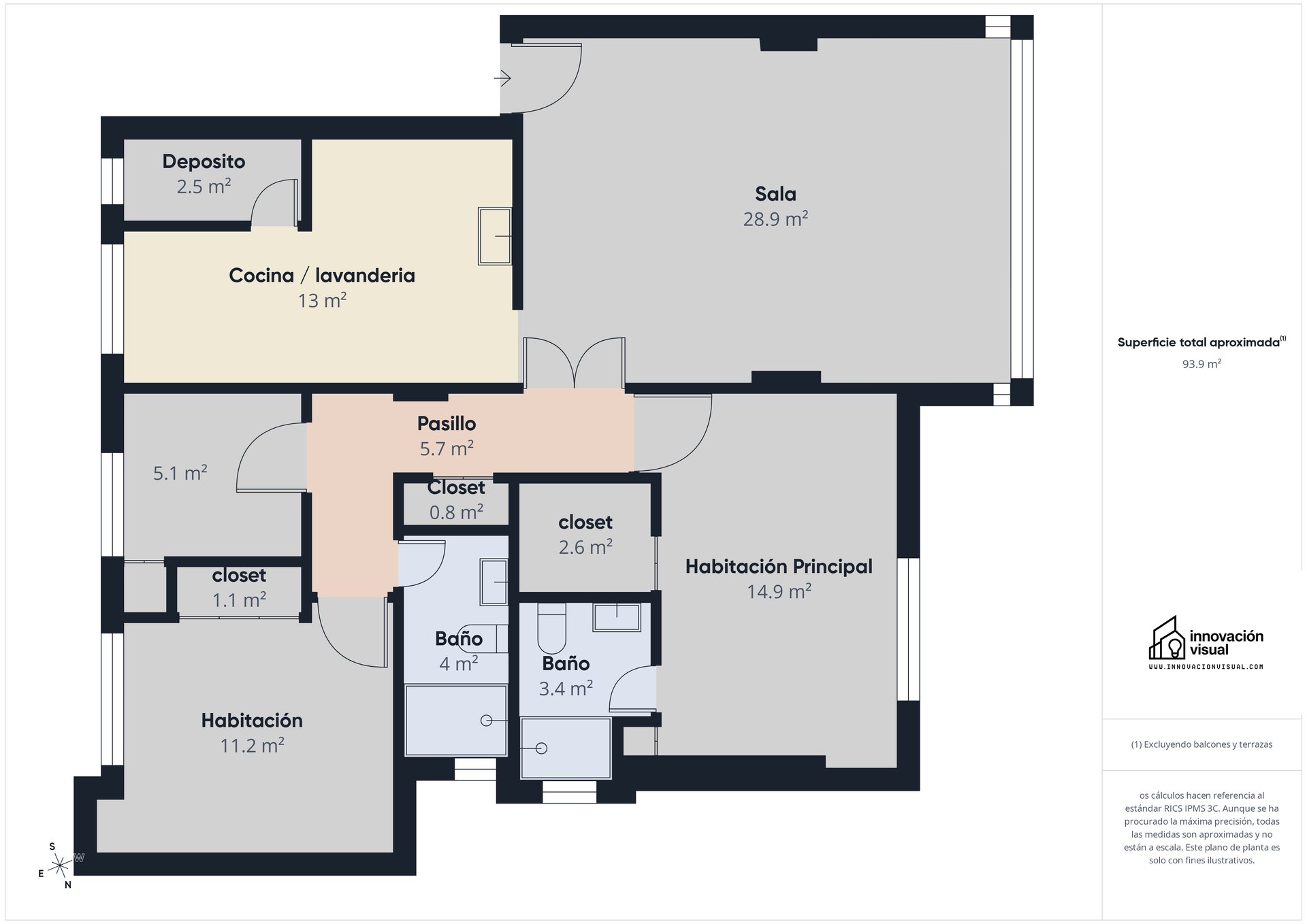 Plano de un apartamento con habitaciones etiquetadas: salón, recibidor, dormitorios, baños y armarios de servicio.