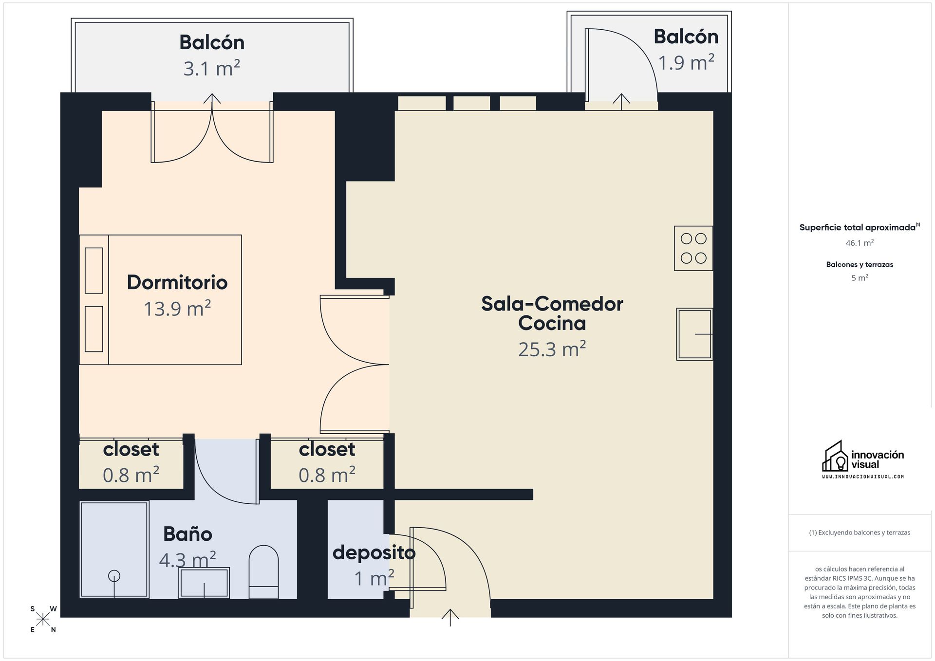 innovacion visual Floor plan of an apartment with a bedroom, casco viejo panama. living/dining/kitchen area, balcony, and closet.