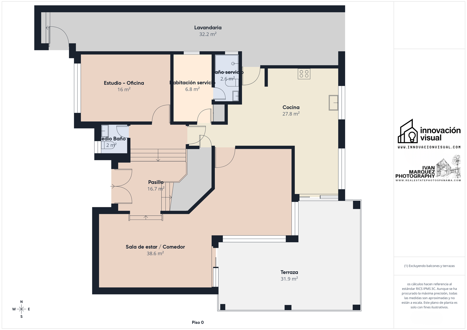Plano de planta profesional de residencia en Costa Bay, Costa del Este, Panamá — distribución completa de Piso 0 y Piso 1 con metrajes de cada espacio, producido por Innovación Visual en colaboración con Marquez Ivan Studio.