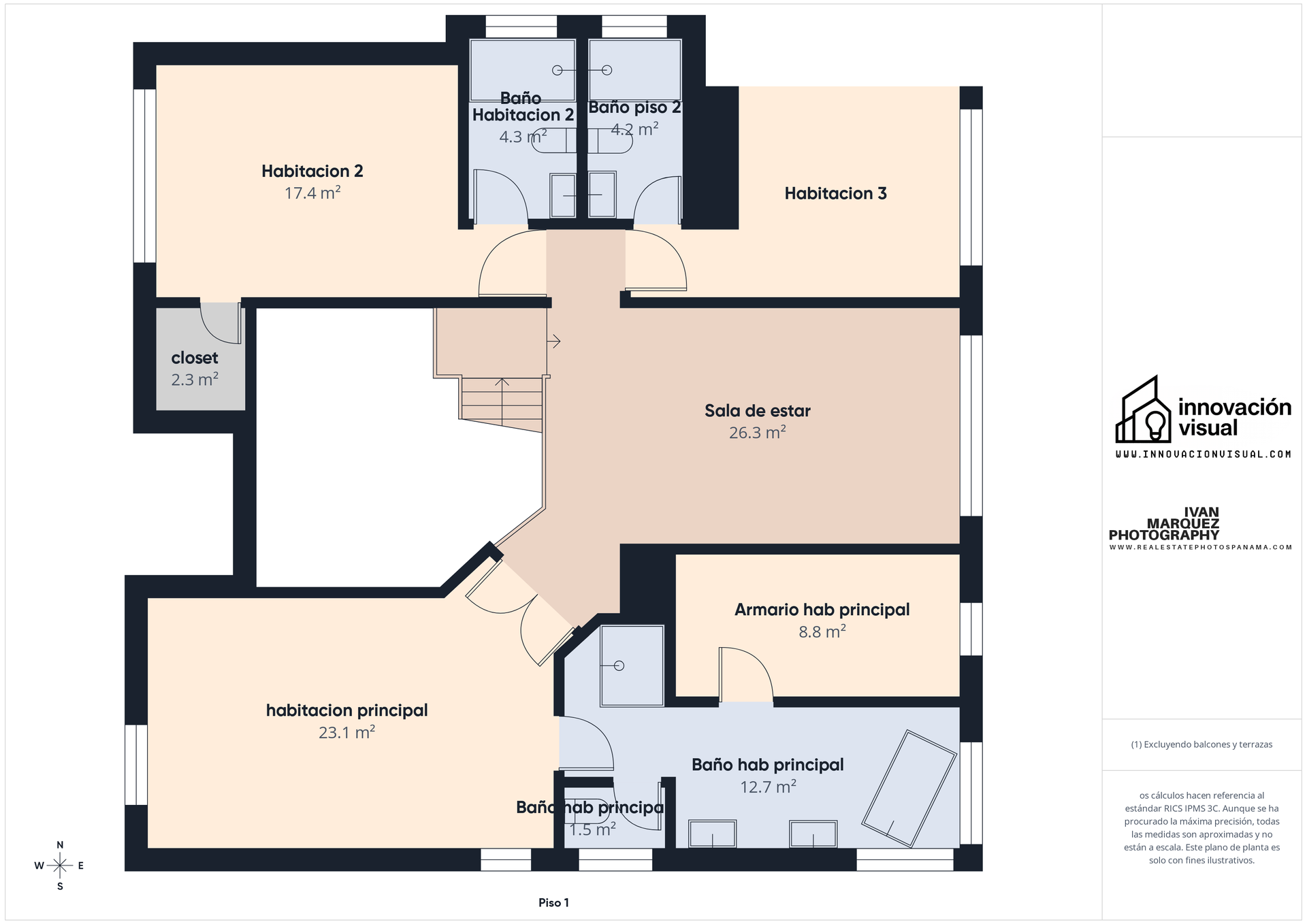Plano de planta profesional de residencia en Costa Bay, Costa del Este, Panamá — distribución completa de Piso 0 y Piso 1 con metrajes de cada espacio, producido por Innovación Visual en colaboración con Marquez Ivan Studio.