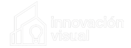 Logotipo blanco tenue con la inscripción “innovación visual” y el icono de una casa y una bombilla.