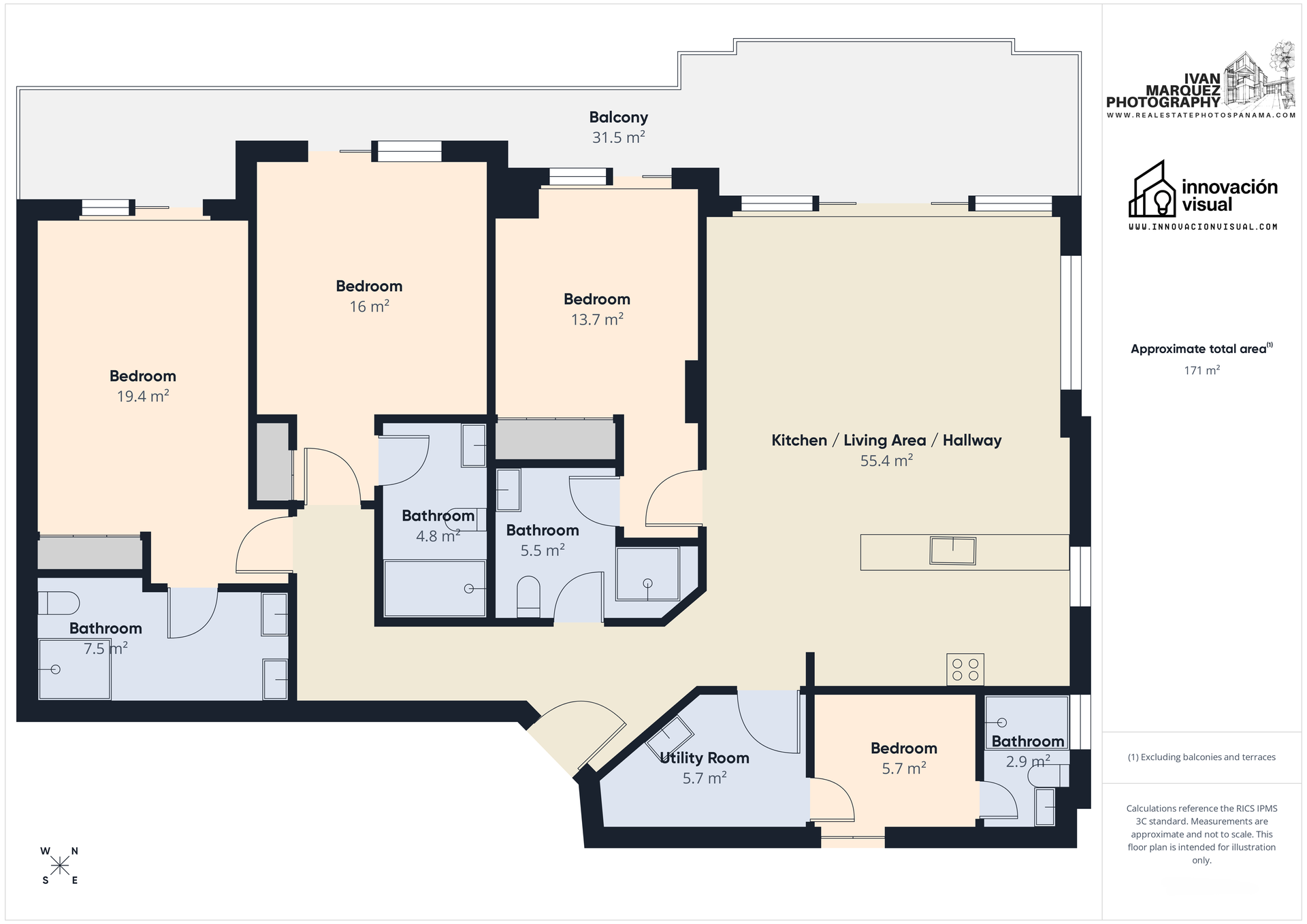 Plano en blanco y negro de una casa con habitaciones y accesorios etiquetados.