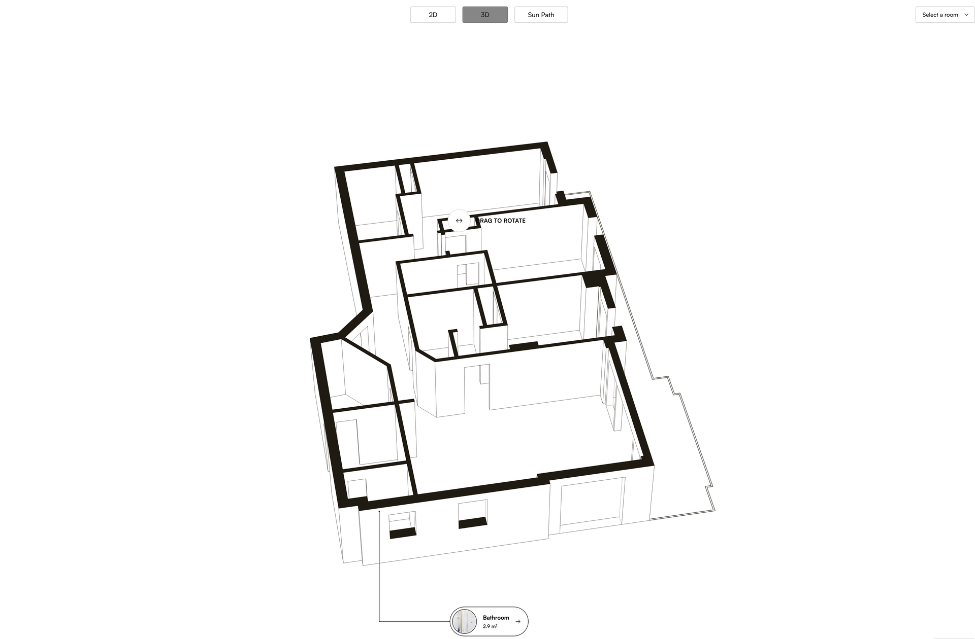 Black-and-white floor plan of a multi-room building, shown in perspective view.
