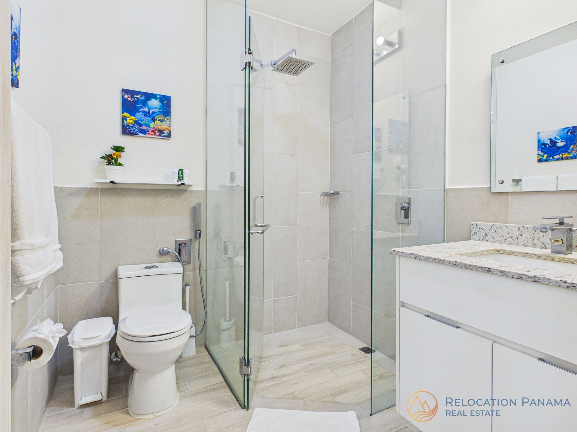 Baño moderno blanco con ducha de cristal, inodoro y lavabo con tocador.