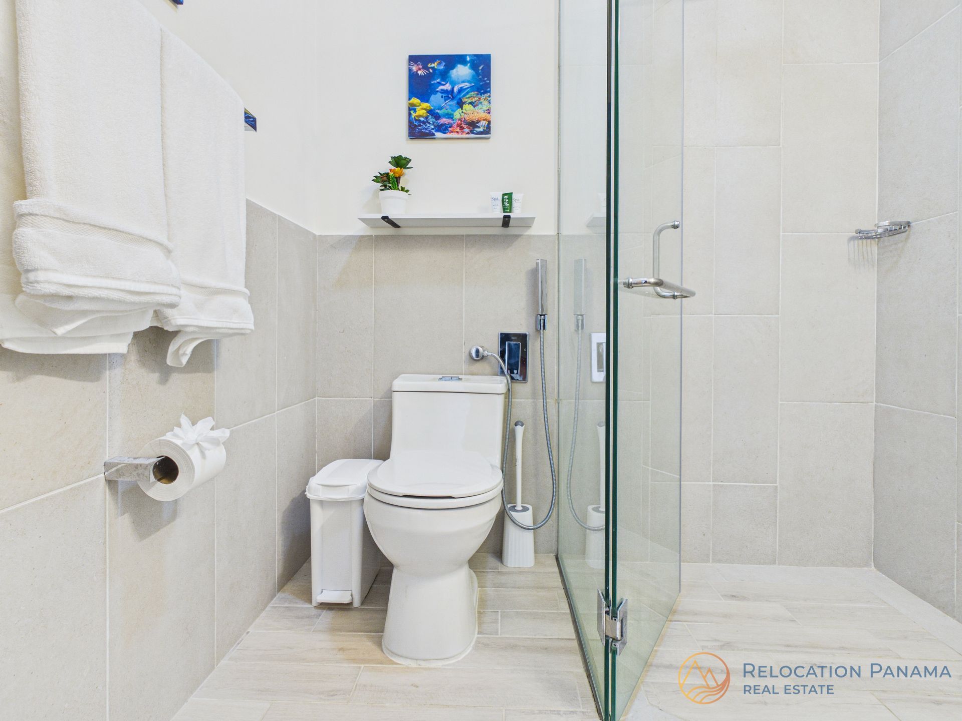 Baño blanco luminoso con inodoro, ducha de cristal, estante, toallero y un pequeño cuadro en la pared.