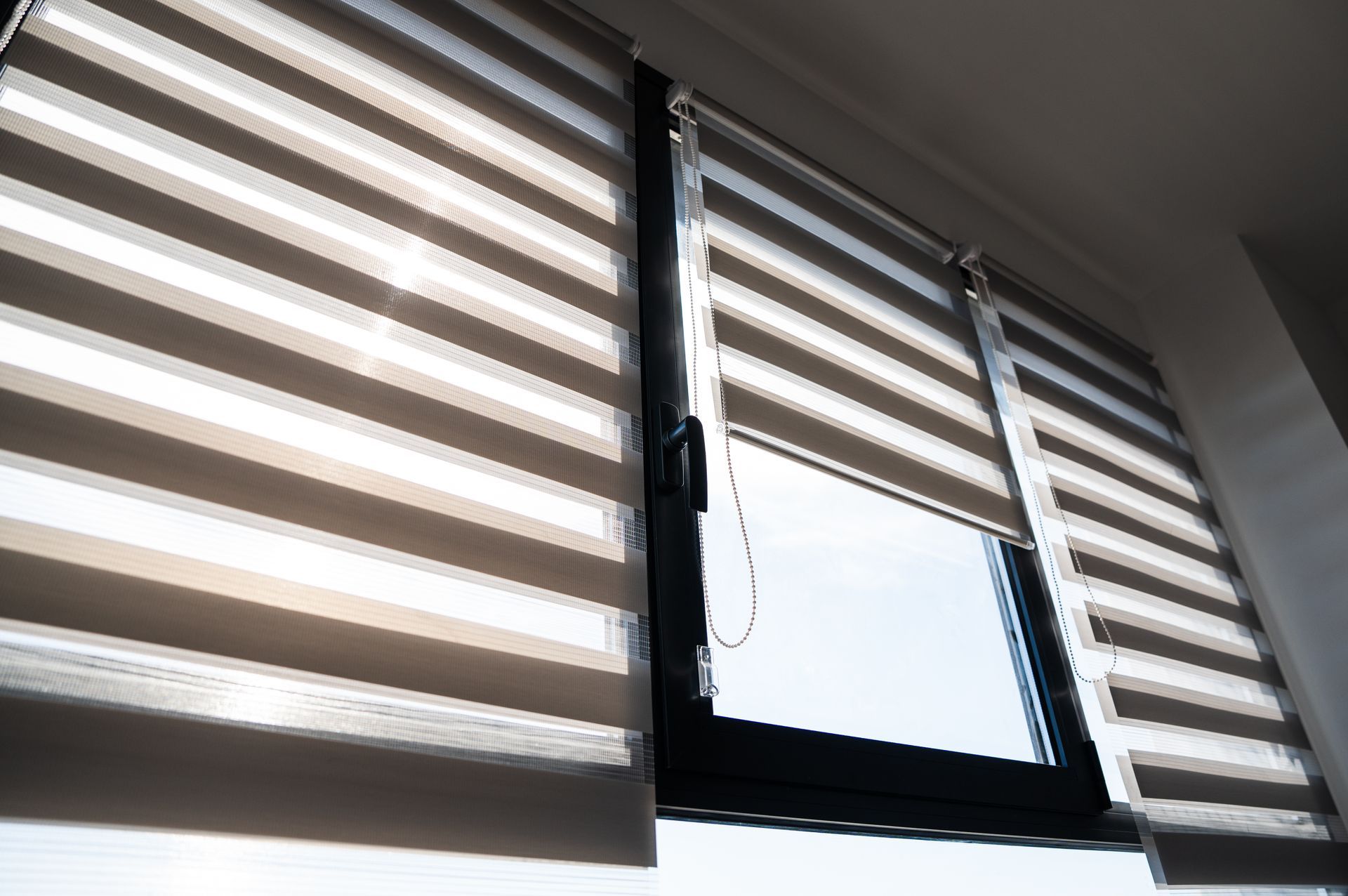 Black-framed window with partially open zebra blinds letting in daylight